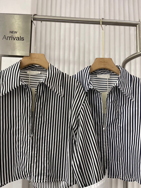 Casual Zipper Stripes Crop Shirts